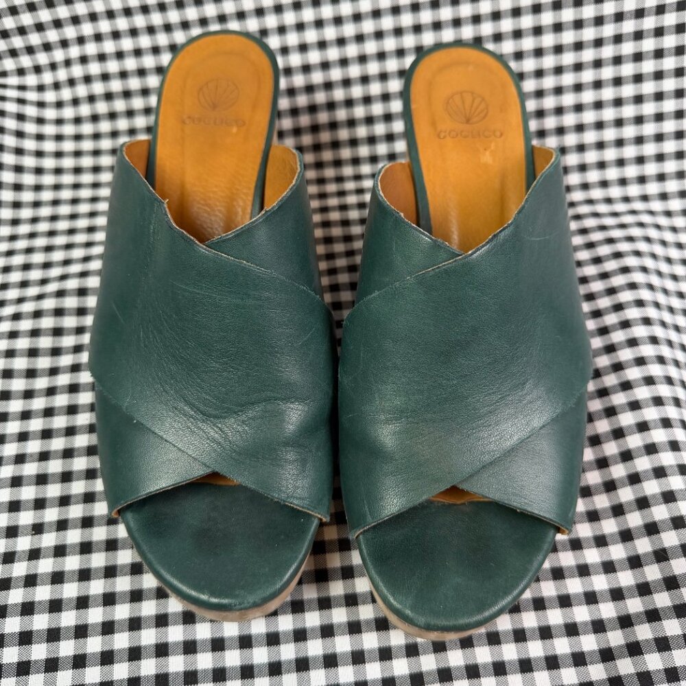 Coclico Green Leather Platform Mules Wooden Heel Sandals EU 37.5 Made in Spain - Picture 2 of 4